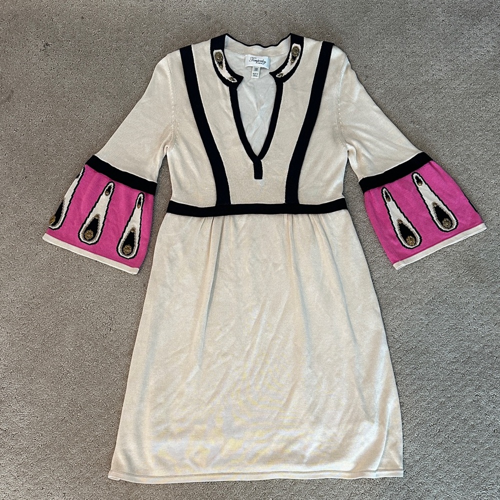 Tracy Reese Cream and Pink V-Neck Sweater Dress Size 4